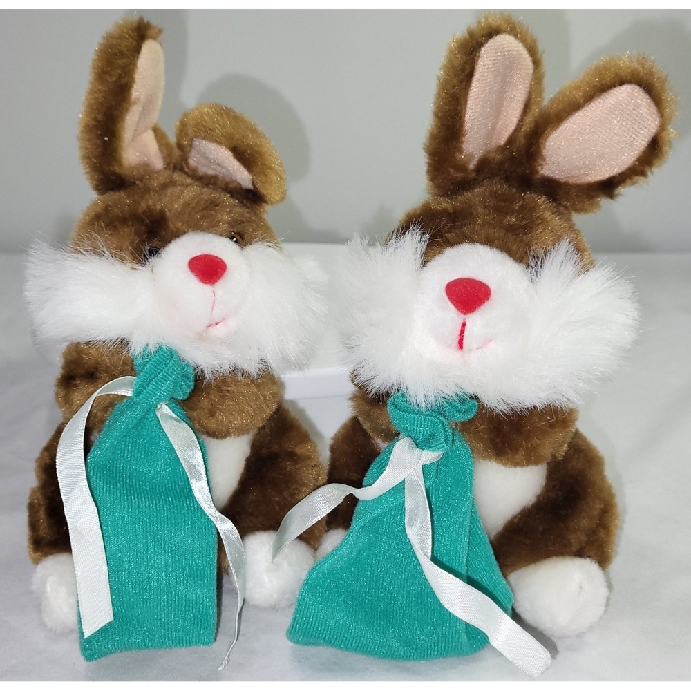 2 Vintage Easter Bunny Rabbit Plush Pair‎ Brown White w/Candy Bags 7in Soft Toys